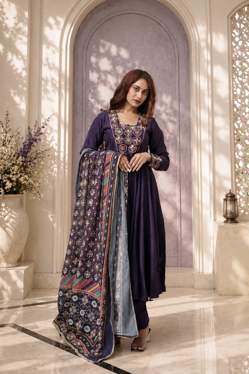 Royal Purple Embroidered Anarkali Suit with Printed Dupatta