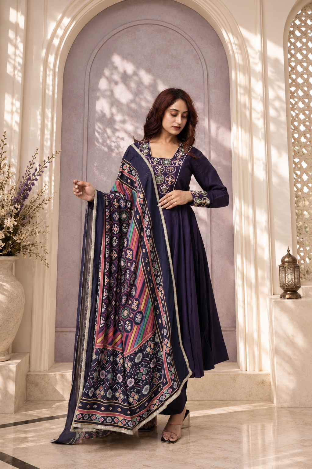 Royal Purple Embroidered Anarkali Suit with Printed Dupatta