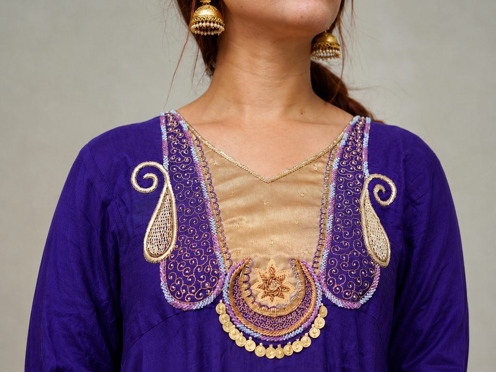Close-up of gold embroidered neckline on royal purple Anarkali kurta
