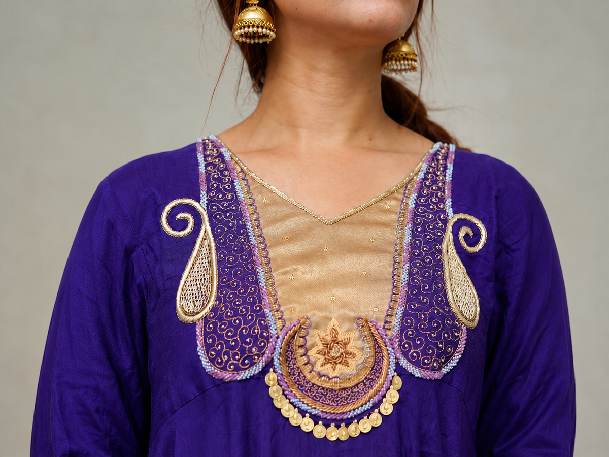 Close-up of gold embroidered neckline on royal purple Anarkali kurta