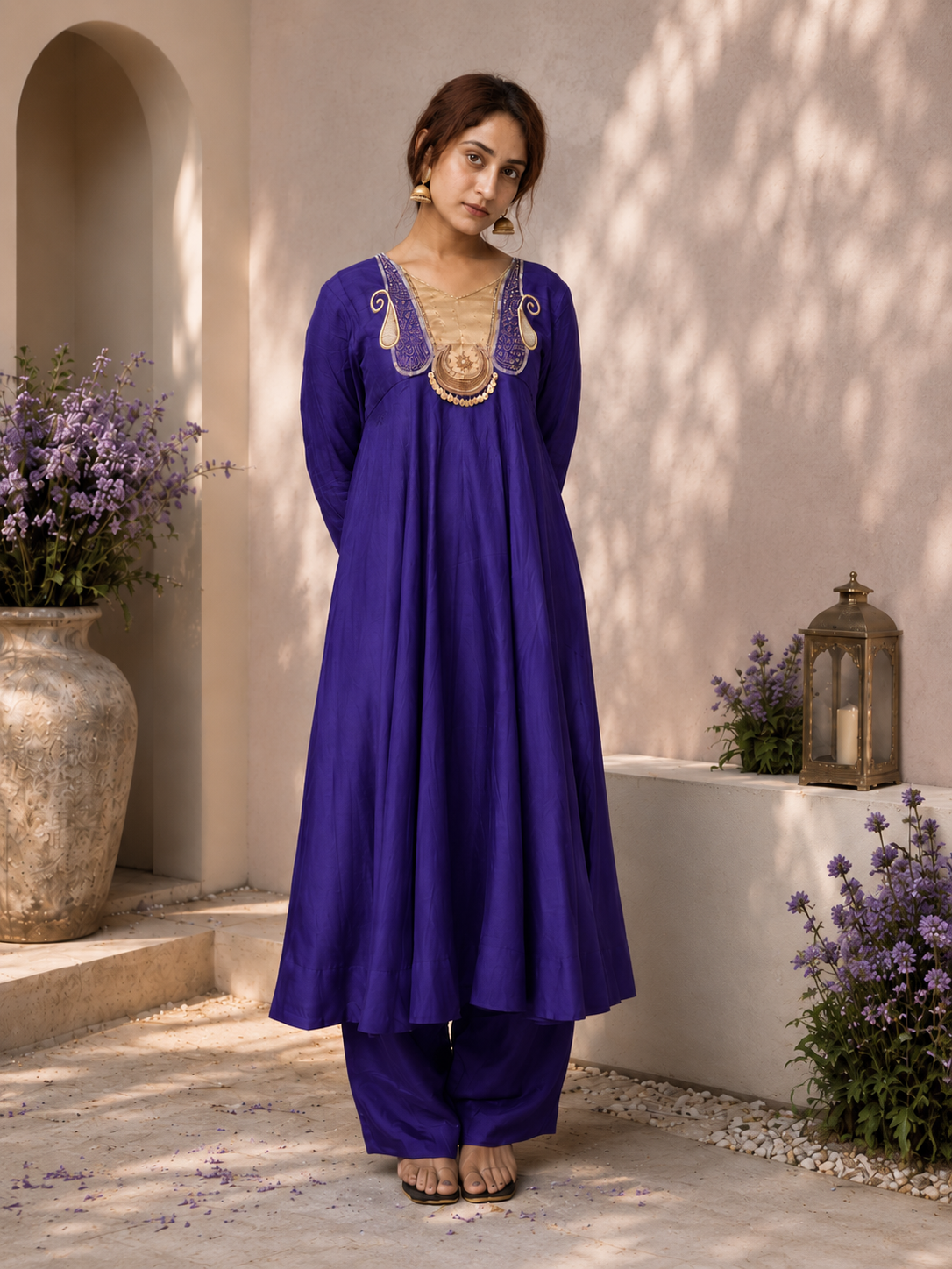 Royal purple embroidered Anarkali kurta set with matching pants